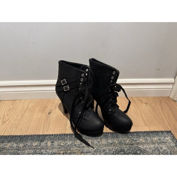 Womens Ankle Boots Round Toe Block Chunky High Heels Lace Up Platform Shoes  Sz9 - Picture 2 of 10